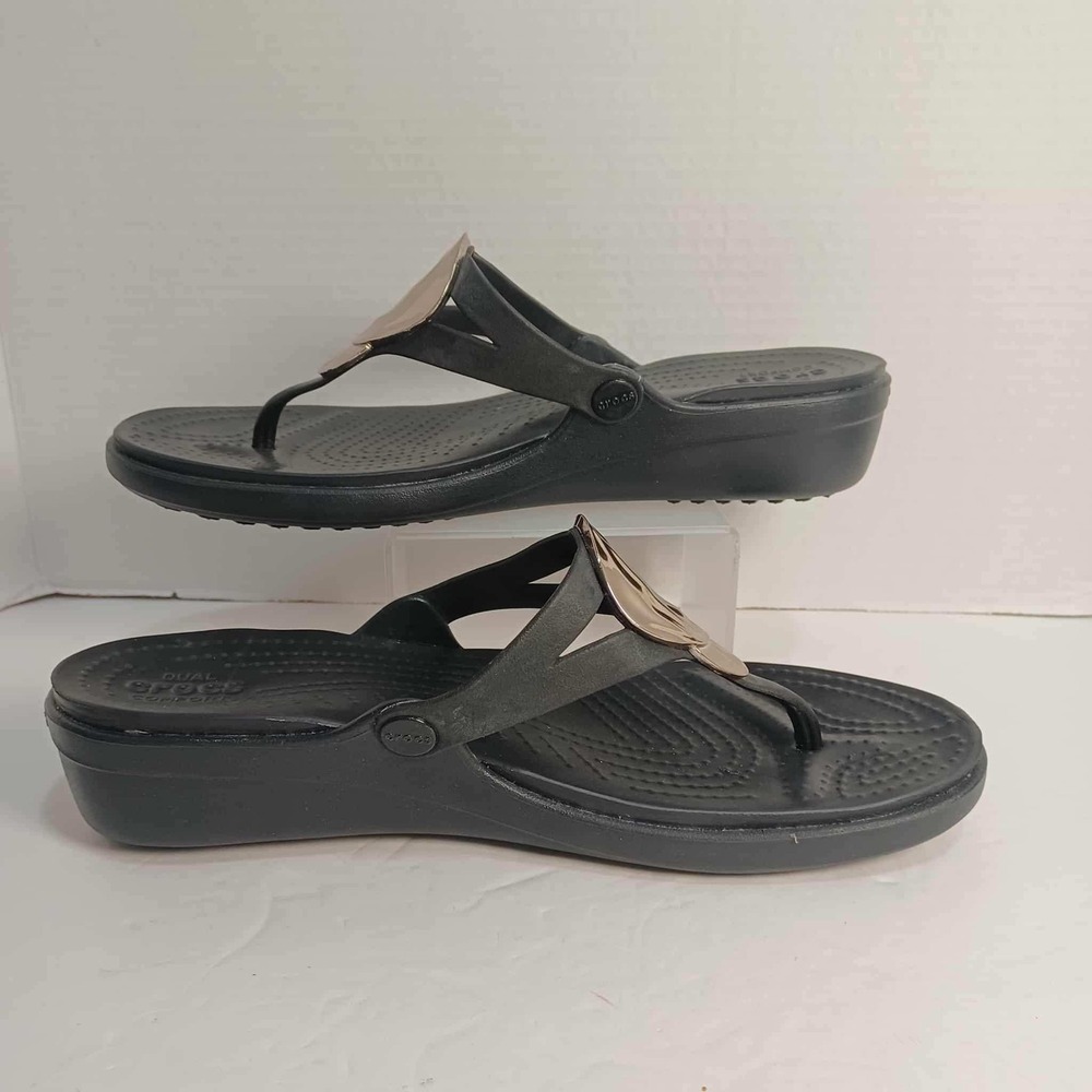 Crocs Women's 11 Black Wedge Flip Flop Thong‎ Sandals with Gold Embellishments